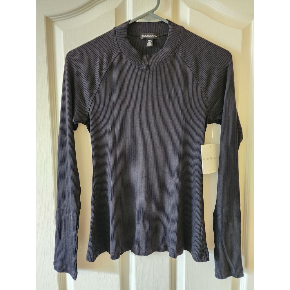 Beyond Yoga NWT M Black Mock Neck Long Sleeve Ribbed Top Fitted Soft Full Length
